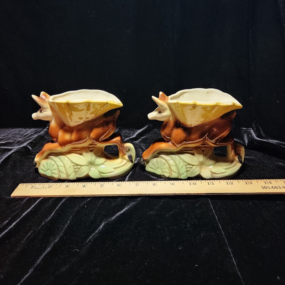 Vintage Pair Ceramic Deer Fawn Planters Mid Century Woodland Drip Glaze 6"